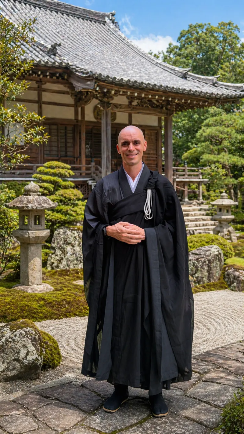 Monge Butsukei em pé no jardim de um templo Zen, em silêncio