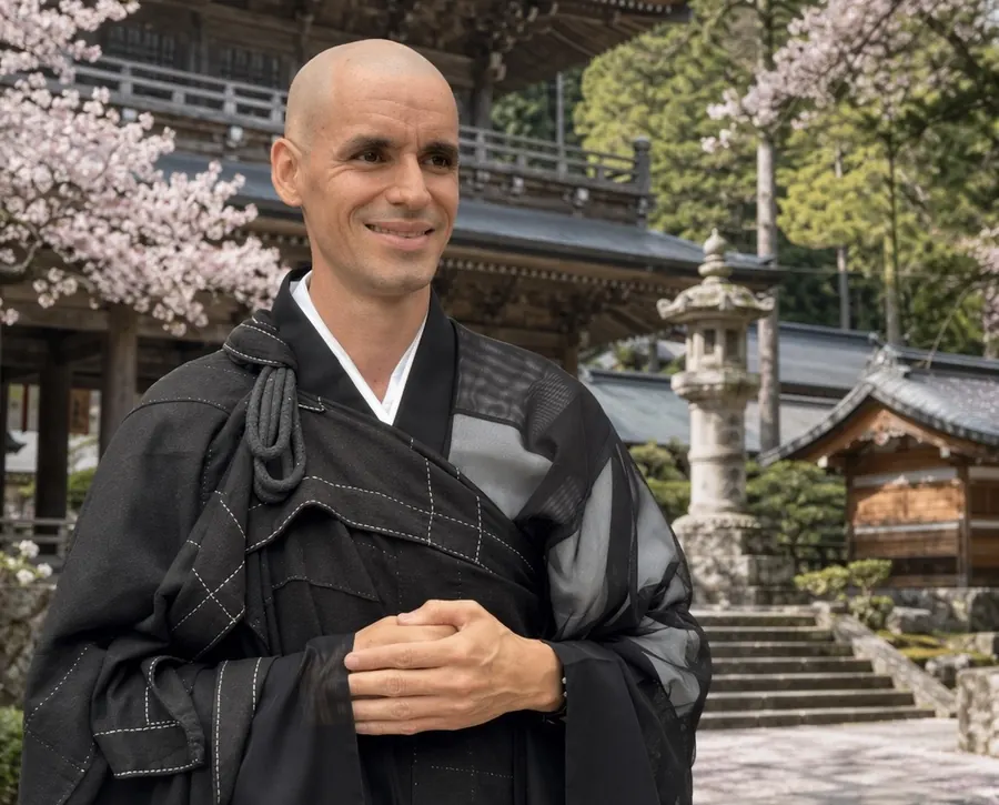 Retrato do Monge Butsukei em plano médio, com expressão tranquila